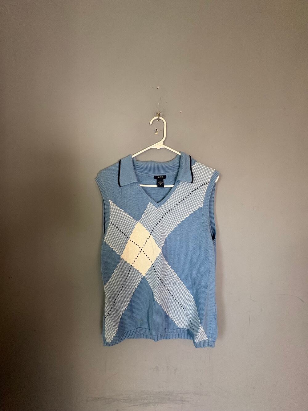 Izod Light Blue White Argyle Knit Sweater Vest Womens Size XL Read